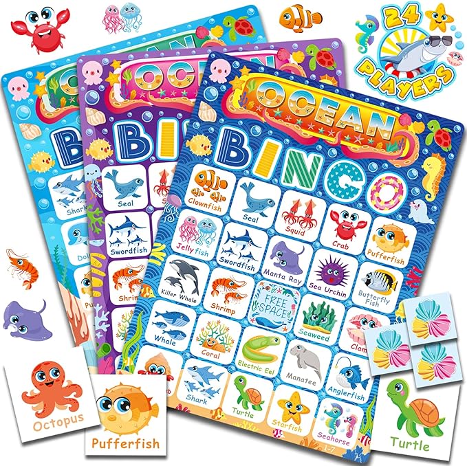 Ocean Bingo Game 24 Players Ocean Animals Bingo Game for Kids Bingo, Under The Sea Party Bingo Games for Family Classroom Activity Ocean Party Supplies