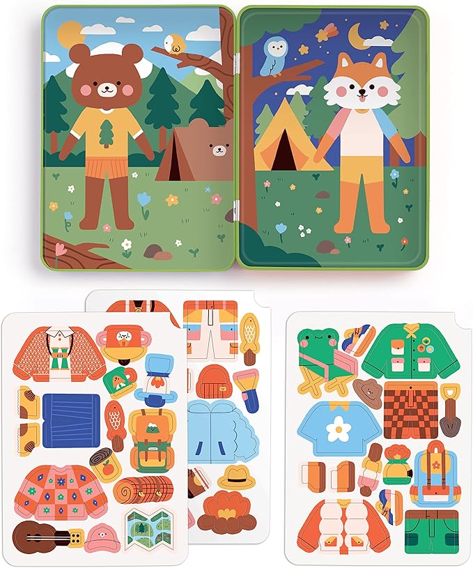Mudpuppy Happy Camper – Magnetic Build-It Travel Friendly Game with Illustrated Forest Background Scenes Including 2 Furry Characters and Over 40 Mix and Match Magnets for Children Ages 4 and Up