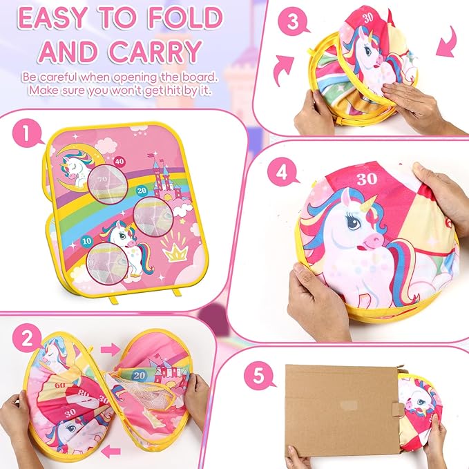 Unicorn Bean Bag Toss Game - 5 in 1 Foldable Cornhole Ring Toss for Kids' Parties & Birthdays