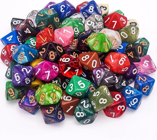 AUSTOR 70 Pieces 10 Sided Dice Mixed Color Polyhedral Dice Set 10 Sides Dices Assortment with a Black Velvet Storage Bag for DND RPG MTG Table Games