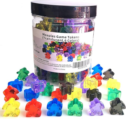 144 Pieces Meeples Game Tokens,Game Pieces for Board Games,Board Game Accessories with Portable Box(Translucent,6 Colors)