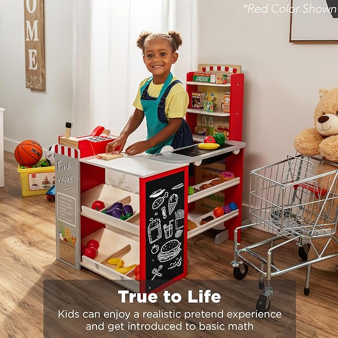 Best Choice Products Pretend Play Grocery Store Wooden Supermarket Toy Set for Kids w/Play Food, Chalkboard, Cash Register, Working Conveyor - Natural