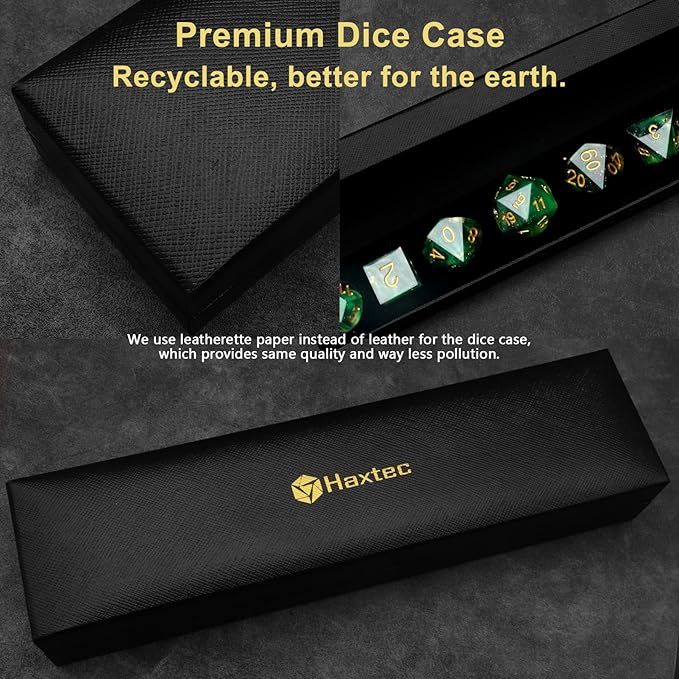 Haxtec Glitter DND Dice Set Sharp Edge Dice with Dice Case Handmade Green Resin D&D Dice Set for TTRPGs Dungeons and Dragons Gifts