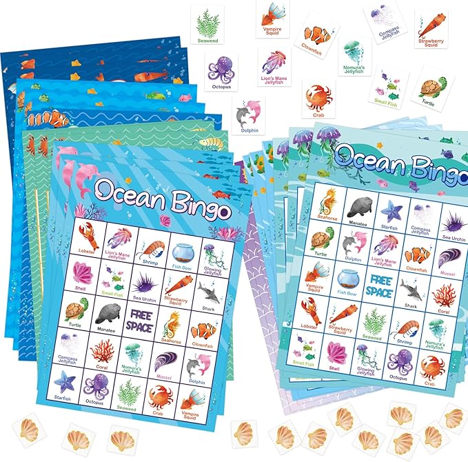 Ocean Bingo Game 24 Players for Kids Under Sea Party Game Supplies