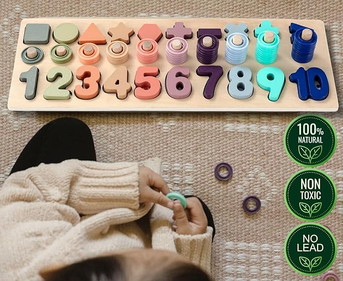 BEKILOLE Wooden Montessori Toys for Kids Toddler Number Puzzles Sorter Counting Shape Stacker Stacking Game Preschool Toys for Boy Girl Learning Education Math Blocks Boy & Girl Gifts and Beyond