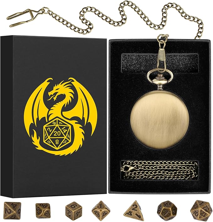 Mini DND Dice Set with Smooth Pocket Watch Shell Case, 7pcs Polyhedral Metal D&D Dice Set, D&D Gifts with Gift Box, Role Playing Board Games DND Accessories