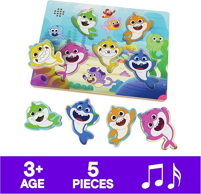 Spin Master Games, Pinkfong Baby Shark Chunky Musical Wooden Sound Puzzle, Plays Baby Shark Song, Kids Puzzle, Easy Activity Toy for Preschoolers, for Kids & Family, 5 Pieces, for Ages 3 & Up