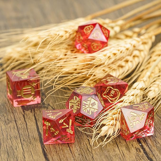 Cusdie Sharp Edges DND Dice, 7 PCs D&D Dice, Handcrafted Polyhedral Dice Set, for Role Playing Game Pathfinder (Red/Roman Numerals)