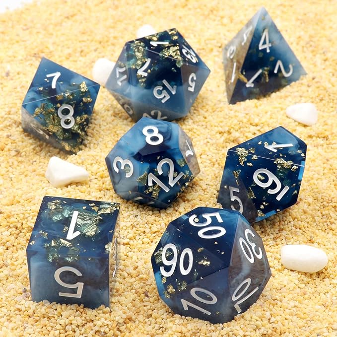 Haxtec Sharp Edge Dice Blue DND Dice Set Resin Dice with Dice Case Polyhedral D&D Dice for TTRPGs Dungeons and Dragons DND Gift-Dark Blue White Gold Foil