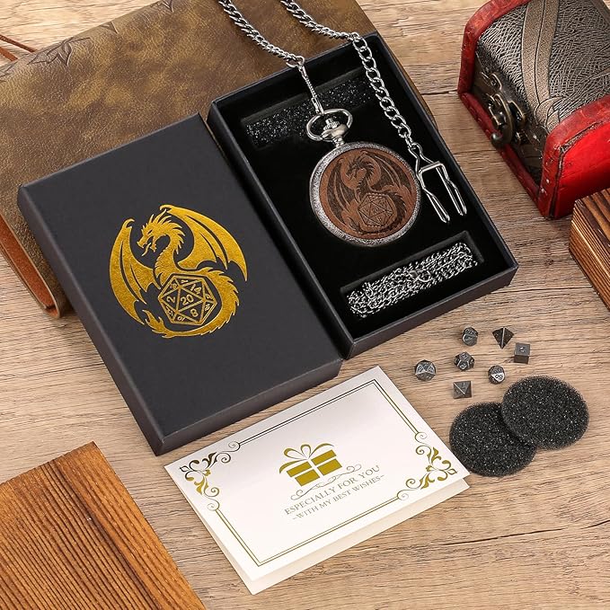 Mini DND Dice Set Wooden Dragon Engraved Pocket Watch Shell Case, 7pcs Polyhedral Metal D&D Dice Set, DND Gifts with Gift Box, Role Playing Board Games Accessories, Silver