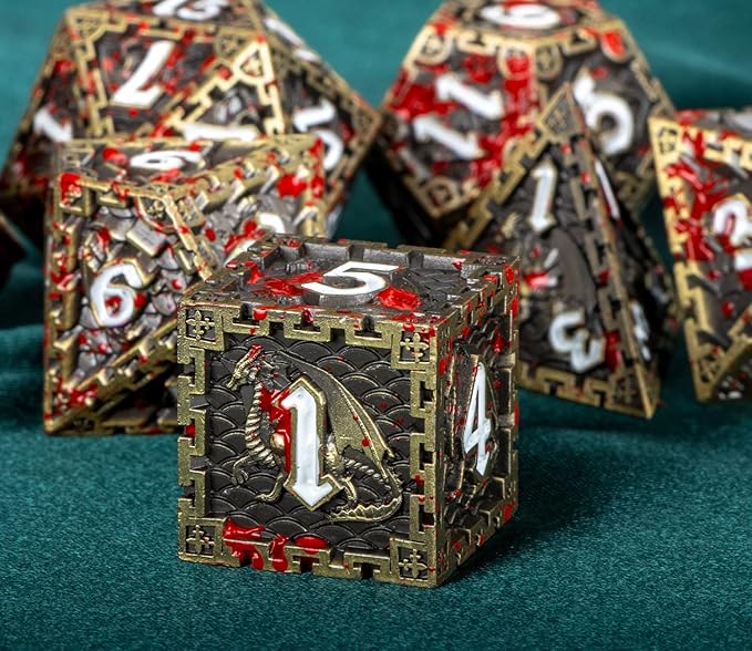 ARUOHHA Metal Blood DND Dice with Gift Box, Bronze Dragon Design Large Polyhedral Dice RPG Role Playing Games D and D D20 D12 D10 D8 D6 D4
