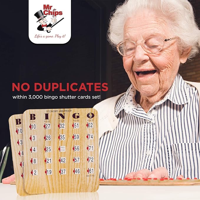 MR CHIPS Jam-Proof Bingo Cards with Sliding Windows, 50 Reusable Shutter Cards, 75 Calling 1 Master Board Plus 10 Extra Cards