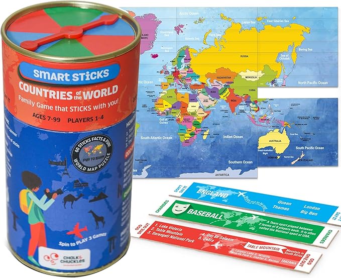 Chalk and Chuckles Smart Sticks Countries of The World Game, Gifts for 8-12 Year Old, Cool Learning Gift Idea for Teenage Boys & Girls