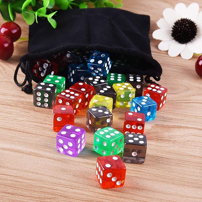 AUSTOR 50 Pieces Game Dice Set 5 Translucent Colors Square Corner Dice for Tenzi, Farkle, Yahtzee, Bunco or Teaching Math with Velvet Pouch