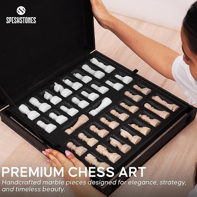 Marble Chess Set 15'' Inches Travertine and White Chess Board Games for Adults, Chess Pieces and Checkers Family Games, Travel Chess Set with 2 Extra Queens and Storage Box