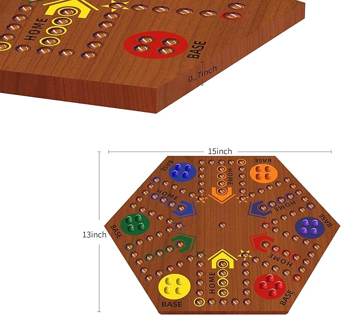Wooden Board Game, Board Game Original Marble Game Double Sided Painted 2 to 6 Player Fast Track Wooden with 6 Colors 24 Marbles 6 Dice for Adults Kids Family(15 INCH Flame)
