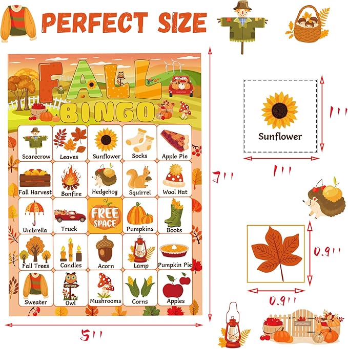 Fall Bingo Harvest Game with 24 Autumn Player Cards for Fall Festival Adults Activities Supplies Favors Thanksgiving Party Games