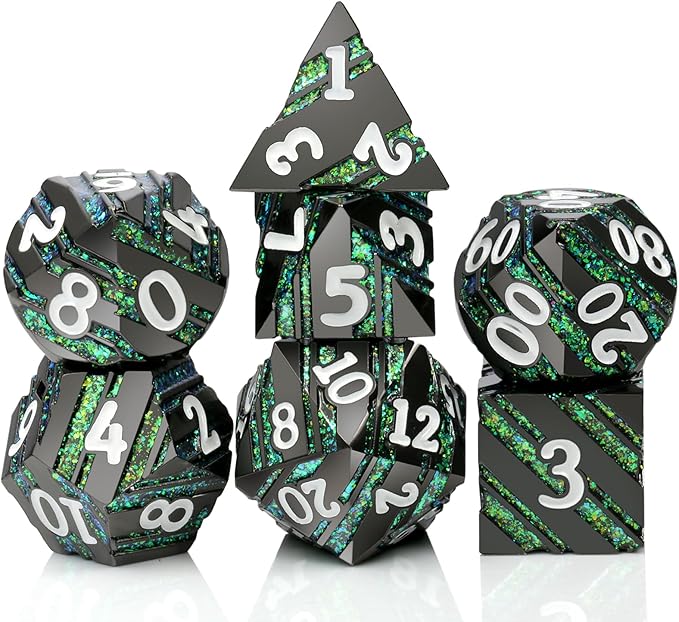Stripe D&D Dice,DNDND Metallic Glitter Stripes Dice with Gift Metal Box for Dungeons and Dragons Tabletop Game (Green Stripes)