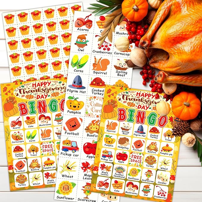 Thanksgiving Bingo Cards, 24 Players Cute Thanksgiving Bingo Game for Kids Adults Famliy Party Game Supplies for Classroom Shool Fall Festival
