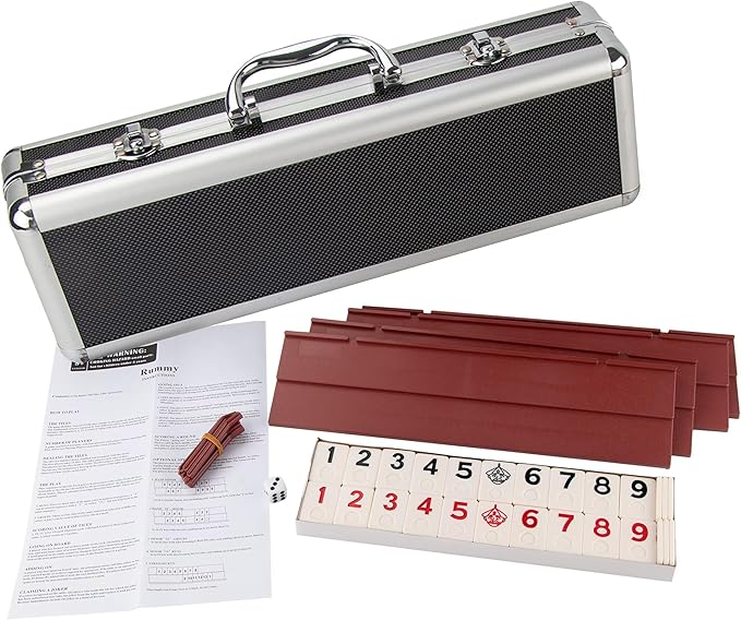 Smilejoy Rummy Cube Game Four Players Edition, Deluxe 106 Tiles Rummy Cube with Portable Aluminum Box, Classic Board Game for Children and Adults,4 Durable Plastic Trays,1 Dice (2-4 palyers)