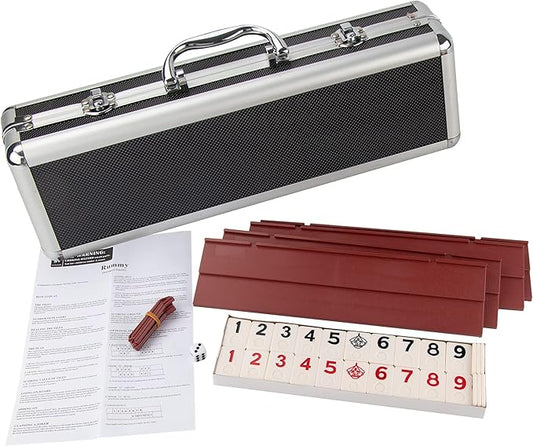 Smilejoy Rummy Cube Game Four Players Edition, Deluxe 106 Tiles Rummy Cube with Portable Aluminum Box, Classic Board Game for Children and Adults,4 Durable Plastic Trays,1 Dice (2-4 palyers)