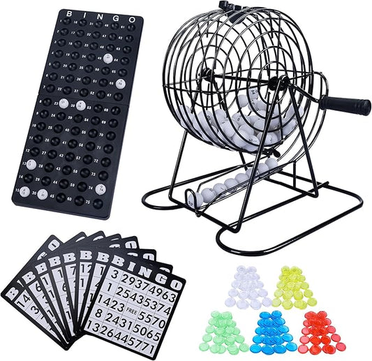 GOTHINK Bingo Game Set for Adults and Kids - Included 8" Metal Wheel Cage, 75 Calling Balls, Master Board, 18 Bingo Cards & 150 Colored Chips, Great for Fun Family Game Night, Large Groups, Parties