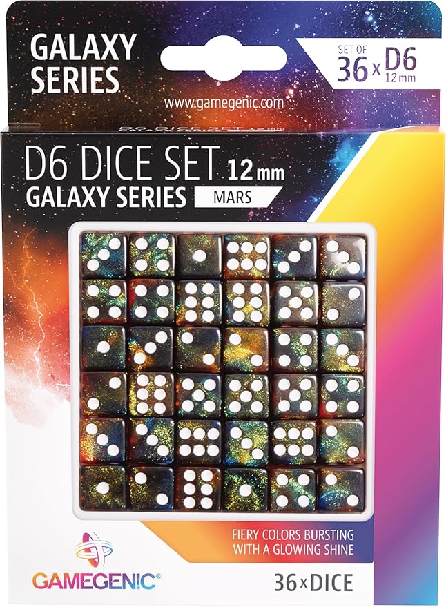 Galaxy Series Mars D6 Dice Set Set of 36 Six-Sided Dice Premium Quality Resin Dice for Dice Games, Board Games and Card Games Cosmic Glittering Design Red and Blue Color Made by Gamegenic