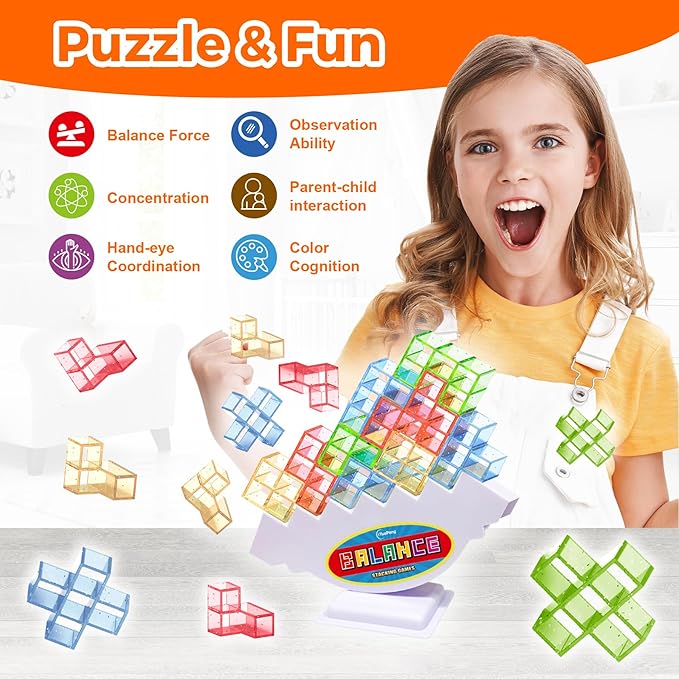 iYuePeng 36 Pcs Tetra Balance Tower Stacking Games Team Building Translucent Blocks Board Game for Kids & Adult, Drop The Pile of Tower STEM Toys for 2 Players, Family, Parties, Travel