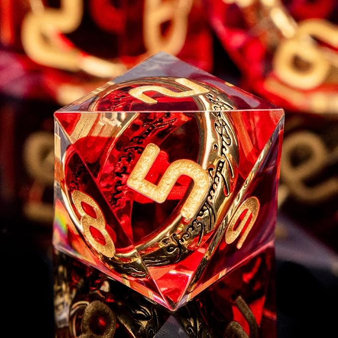 Magic Golden Ring DND Dice Set Sharp Edge Red Resin Dice with Box, for use with RPG D&D Tabletop Games Lord D and D Polyhedral Dice Set
