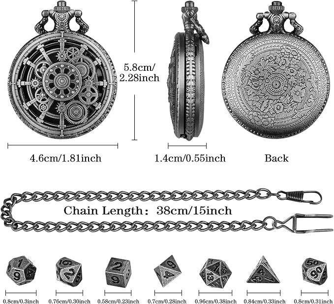 Mini DND Dice Set with Steampunk Dark Silver Hollow Gear Pocket Watch Shell Case, 7pcs Polyhedral Metal D&D Dice, DND Gifts with Gift Box for DND Lovers, Role Playing Board Games Accessories