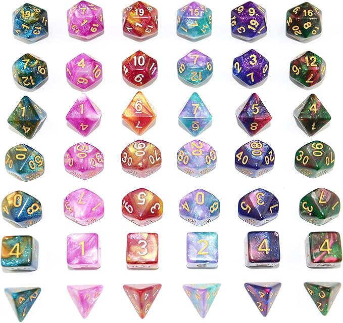 SmartDealsPro 6 x 7 Sets (42 pcs) Glitter Polyhedral Dice Sets with Pouches for DND RPG MTG Dungeon and Dragons Table Board Roll Playing Games D4 D8 D10 D12 D20 (6 Sets)