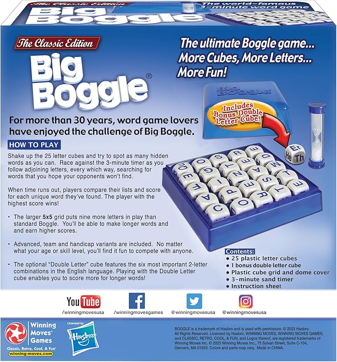 Big Boggle with 5x5 Grid and 25 Letter Cubes by Winning Moves Games USA, Thought Provoking Word Game Bigger Than the Original, for 2 or More Players, Ages 8+ (1147)