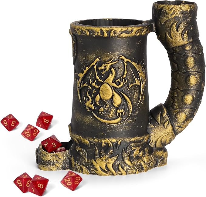 Mug Dice Tower - Dice Rolling Tower,(7PCS D20 Dice Set Included) for DND Gift and Dungeons and Dragon, Tabletop Games, Drink Holder, Tavern Style Board Game Roller (Gold)