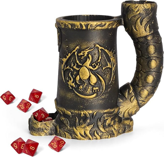 Mug Dice Tower - Dice Rolling Tower,(7PCS D20 Dice Set Included) for DND Gift and Dungeons and Dragon, Tabletop Games, Drink Holder, Tavern Style Board Game Roller (Gold)