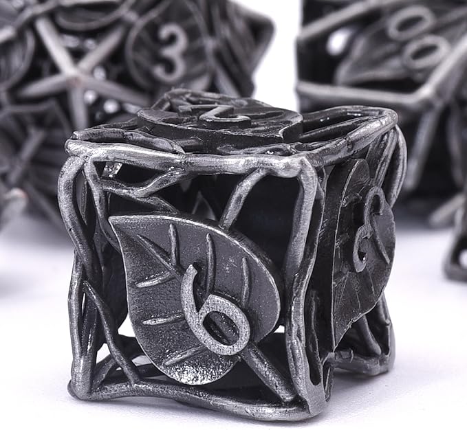 AUSTOR 7 Pieces DND Dice Set Leaf Metal DND Dice Hollow Polyhedral Dice D20 D12 D10 D% D8 D6 D4 Metal Dice with Metal Box for Dungeons & Dragons RPG Board Games(Antique Iron)