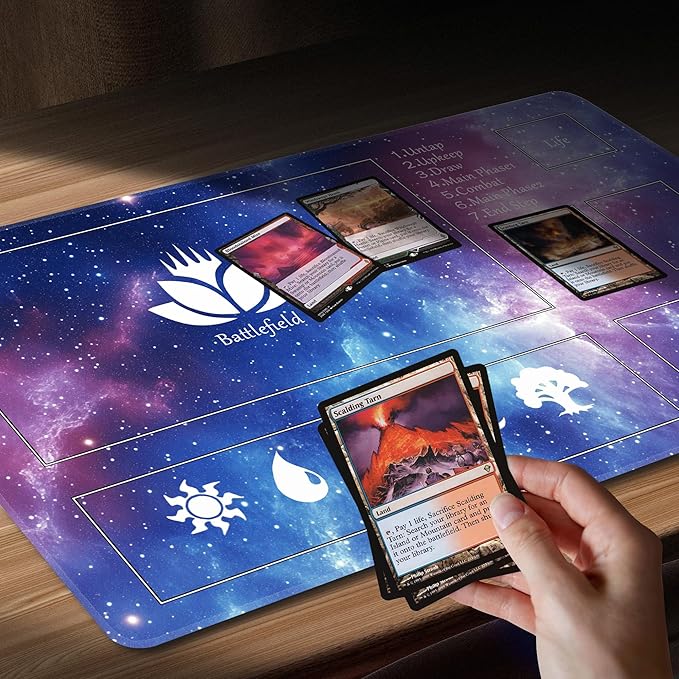 MTG Playmat Stitched with Magic Zone Non-Slip Rubber Backing Printing Commander Board Game Desk Mat Duel Mat TCG PTCG Playmat 24x14 inches and Free Storage Bags (Blue Starrysky)