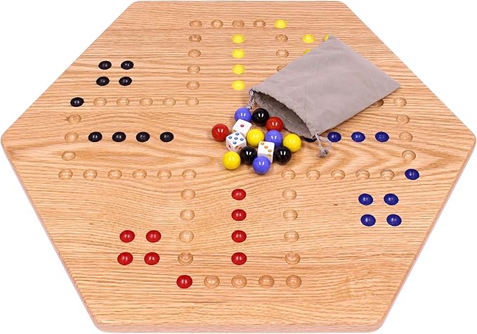 AmishToyBox.com Wahoo Marble Game Board Set - 20" Wide - Solid Oak Wood - Double-Sided - with Large 18mm Marbles and Dice Included