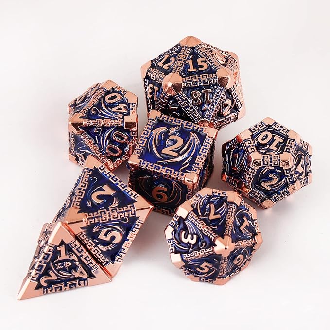 DND Dice Metal Dragon Set,Unique Dragon Design Dice with Gift Dice Bag for Dungeons & Dragon Games,Magic The Gathering,D and D D&D Dice Set (Copper Blue)