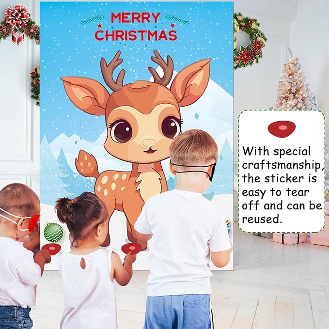 Christmas Games for Families, Pin the Nose on the Reindeer, Christmas Stickers Games for Families Adult Kids Party Favors Supplies and Xmas Gifts New Year Activities Decor with 12pcs Nose Stickers