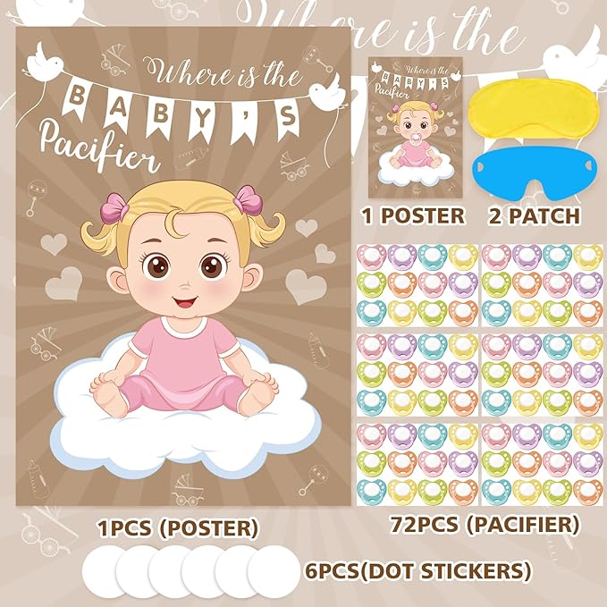 Hooqict Pin The Pacifier on The Baby Game Funny Baby Shower Games for Girls Birthday Party Activities, Large Pin The Dummy Poster with 72 Pacifier Stickers