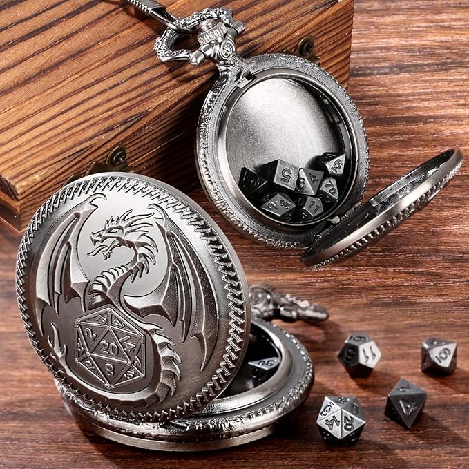 Mini DND Dice Set with Dragon Engraved Pocket Watch Shell Case, 7pcs Polyhedral Metal D&D Dice Set, DND Gifts with Gift Box, Role Playing Board Games Accessories, Dark Silver