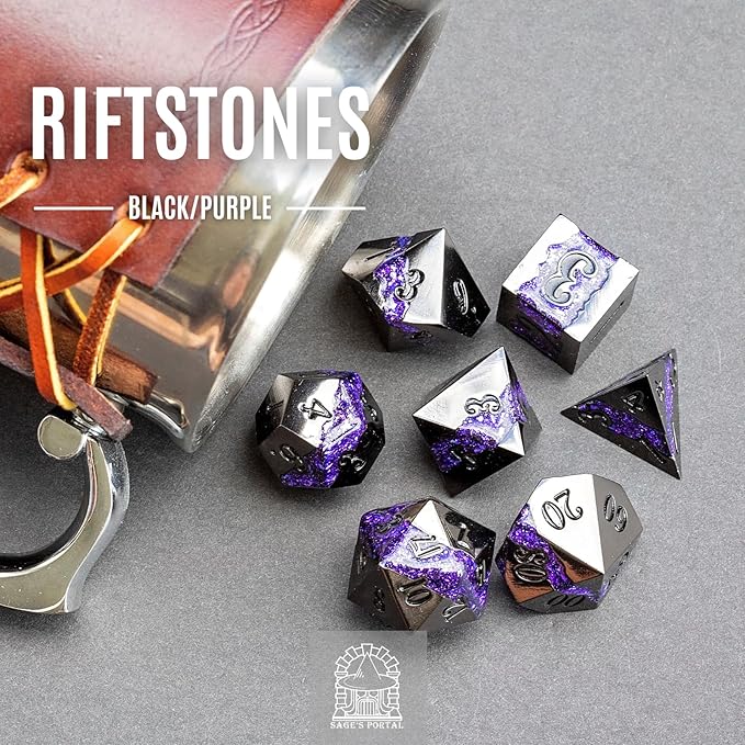 Sage's Portal Metal Riftstone DND Dice 7-PC Polyhedral Dice Set for DND TTRPG Dungeons and Dragons Pathfinder Oversized Designer Dice (Gloss Black/Purple)