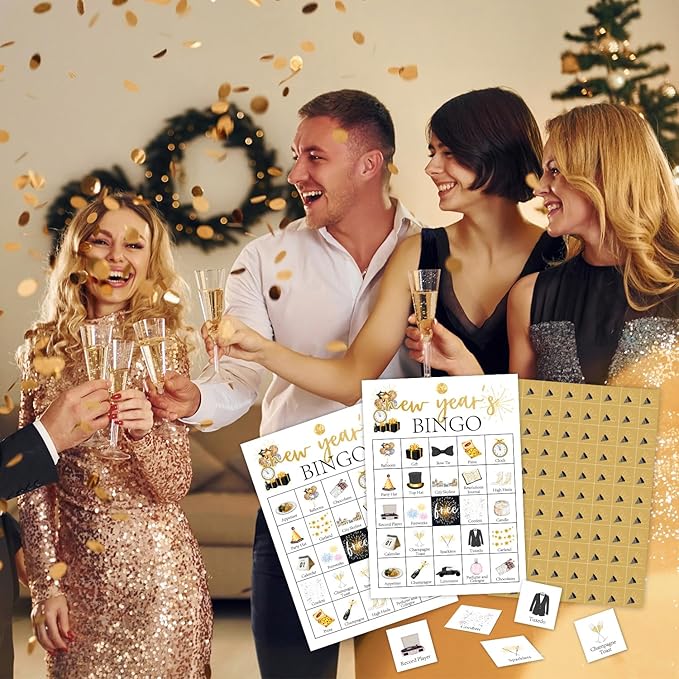 Ziyouza New Year’s Bingo Games Cards, New Year Winter Party Bingo, 24 Players Bingo Games for Family Party Outdoor Trip Activity