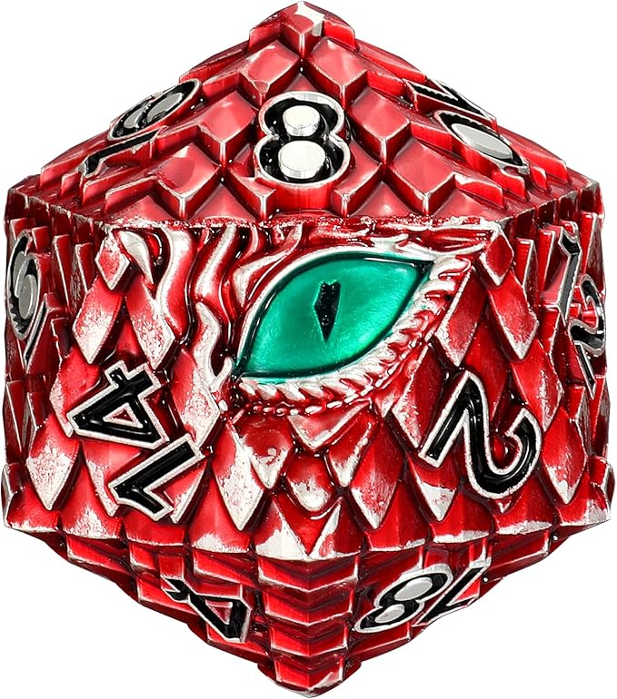 Dragon Eye Scale DND Metal Dice,33mm 20 Sided Giant D20, Large Polyhedral Dice, D&D Metal Dice Set for Dungeons and Dragons, RPG, MTG & Tabletop Games(Red with Green Eye)