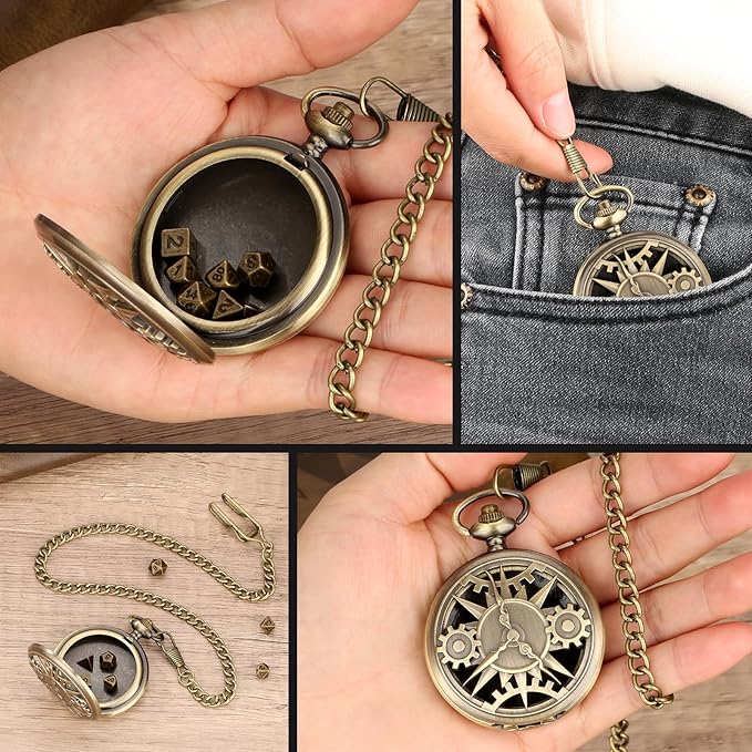 Mini DND Dice Set with Bronze Steampunk Hollow Pocket Watch Shell Case, 7pcs Polyhedral Metal D&D Dice Set, DND Gifts with Gift Box, Role Playing Board Games DND Accessories