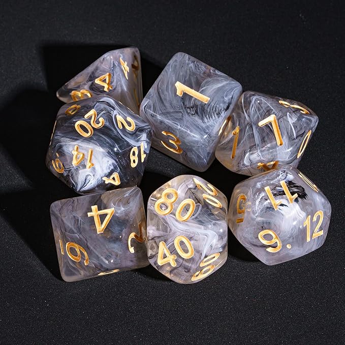 7-Die DND Dice Set Polyhedral Dice Set with a Leather Dice Bag, D&D Dice Set for Dungeons and Dragons, RPG Table Games (Transparent Black Mix White)