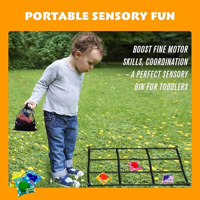 Fruits Bean Bag Toss Across Game Set, Outdoor Montessori Sensory Learning Toys for Toddlers 3 4 5 Year Old, 6 Colorful Small BeanBags for Tossing, 2.5ft Tic-Tac-Toe Rope