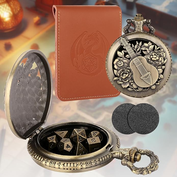 Mini DND Dice Set Steampunk Hollow Bard Pocket Watch Shell Case, 7pcs Tiny Polyhedral Metal D&D Dice Set, DND Gifts with Leather Bag, Role Playing Board Games Accessories, Bronze