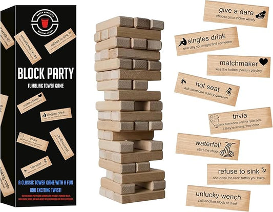 Block Party Adult Game Tumbling Tower ™ - Party Game - 54 Hilarious and Unique Blocks - with Different Dares, Challenges, Mini-Games