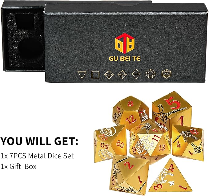 Metal DND Dice Set, Dragons and Warriors DND Dice 7-pcs Metal Polyhedral Dice Set for Dungeons and Dragons RPG MTG Table Games (Gold)